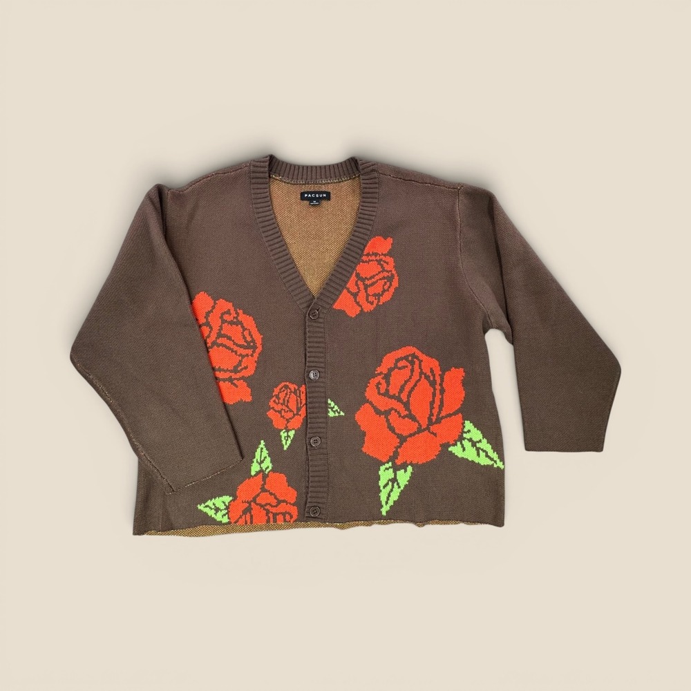 PacSun Mens Brown Rose Graphic V-Neck Button Front Cardigan Sweater Sz M CROPPED